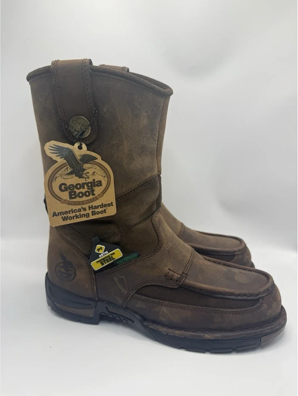 Georgia Work Boots Athens Wellington Sz 9 W Pull-On Cowboy Brown Steel Toe NWT
